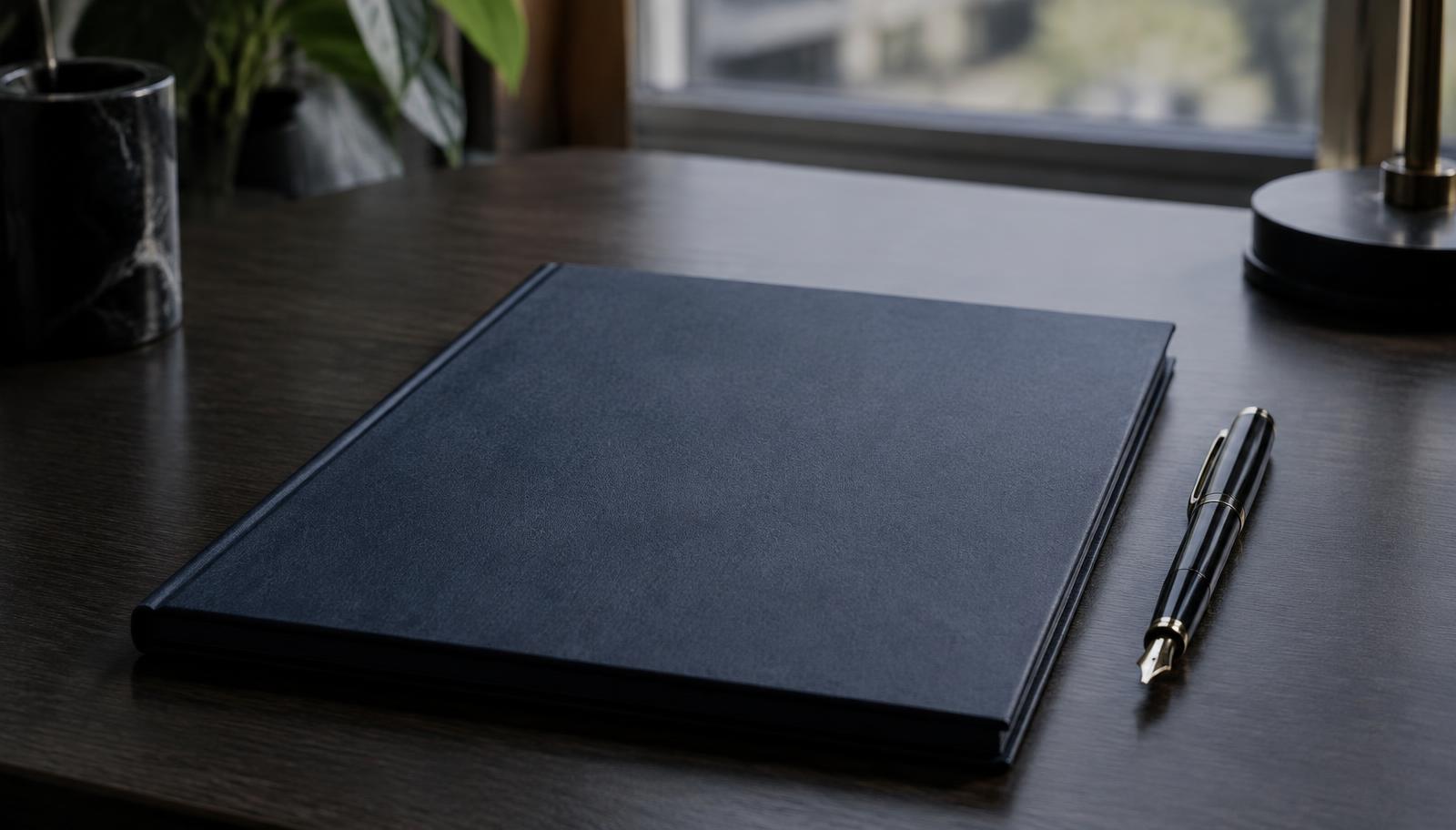 A bound set of accounts on a dark table