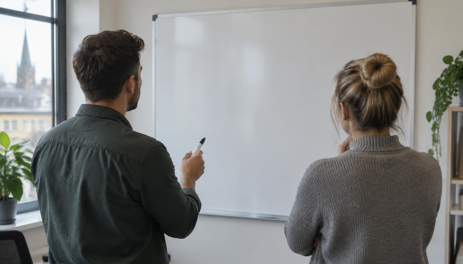 A handwritten sales pipeline board in a small office