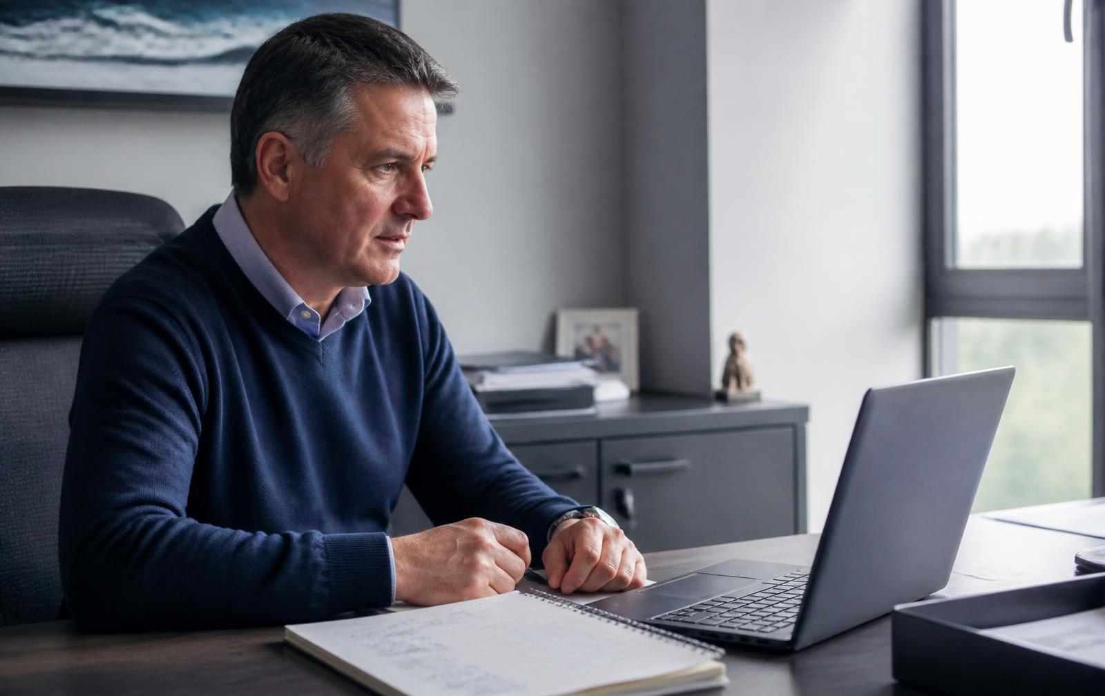 A business owner on a video call at his desk with figures written on a notepad