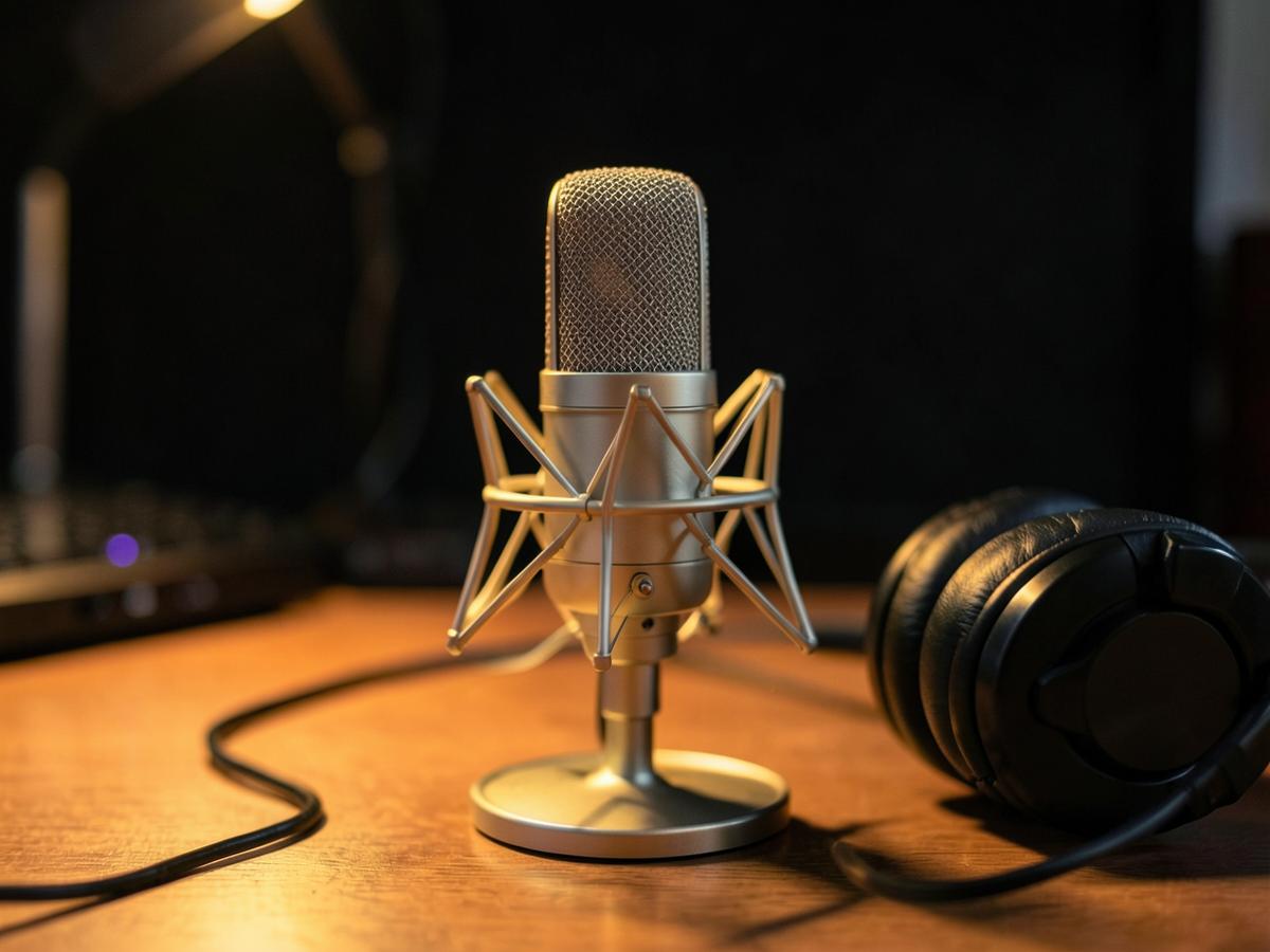 A microphone in the Business Answers podcast studio